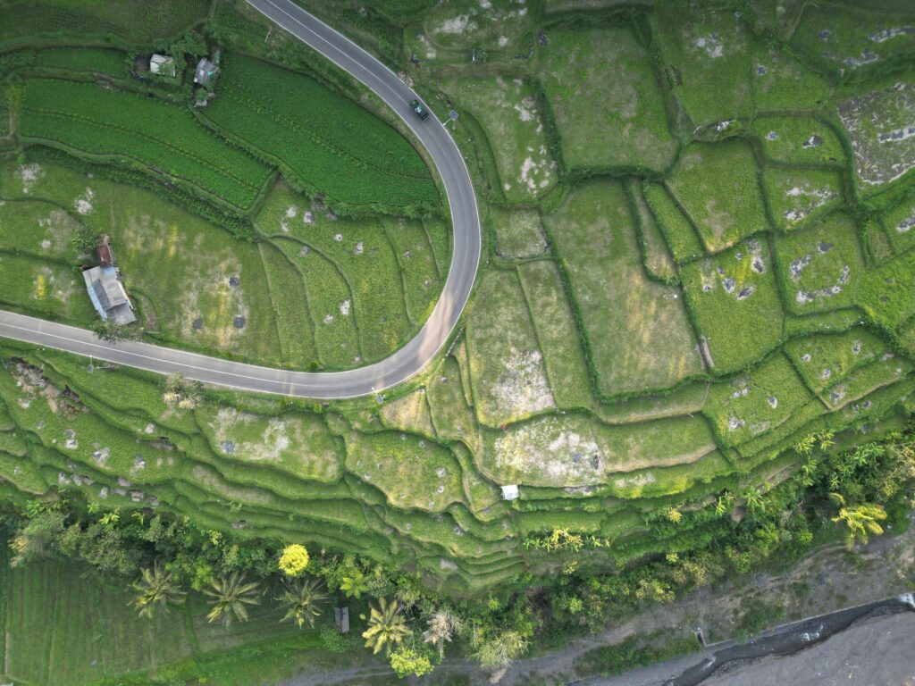 A stunning aerial shot of verdant rice terraces in Rendang, Bali, showing intricate patterns.