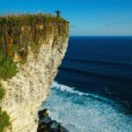 Stunning view of Uluwatu cliff with the ocean waves crashing below under a clear blue sky.